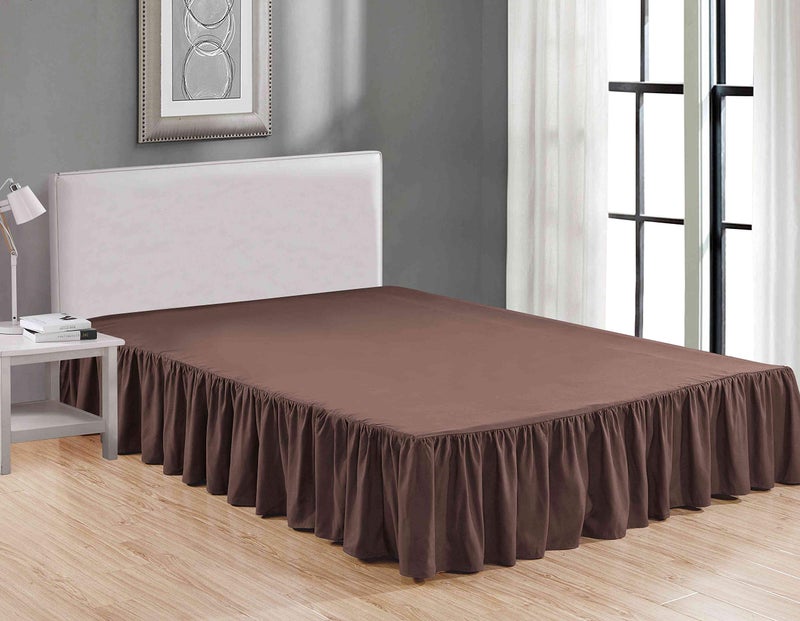 Sheets & Beyond Wrap Around Solid Microfiber Luxury Hotel Quality Fabric Bedroom Gathered Ruffled Bedding Bed Skirt 14 Inch Drop (Queen, Brown) - Image 1